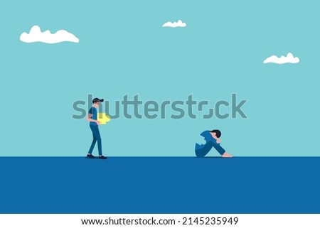 Business solution concept with businessman and business women completing puzzle . Symbol of success, creativity. Eps10 illustration.