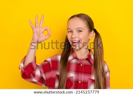 Photo of crazy pretty schoolgirl wear checkered shirt showing okey sign smiling isolated yellow color background