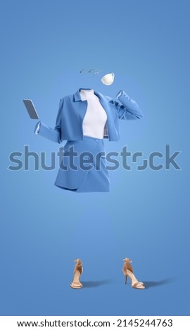 Coffee time. Creative portrait of invisible woman wearing modern business style blue outfit and heels using phone on blue background. Concept of fashion, creativity, art and ad. Royalty-Free Stock Photo #2145244763