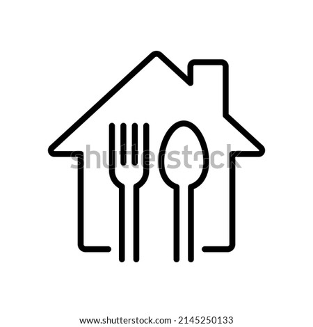 Home with spoon and fork icon, House cooking logo, Homemade food concept, Vector illustration Royalty-Free Stock Photo #2145250133