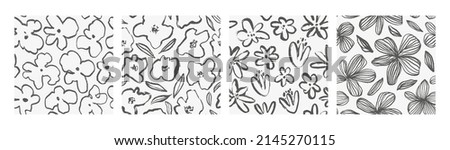 Seamless patterns with black brush flowers. Set of hand drawn monochrome ornaments with linear flowers. Ink drawing wild plants, herbs or flowers. Abstarct organic background. Geunge floral elements