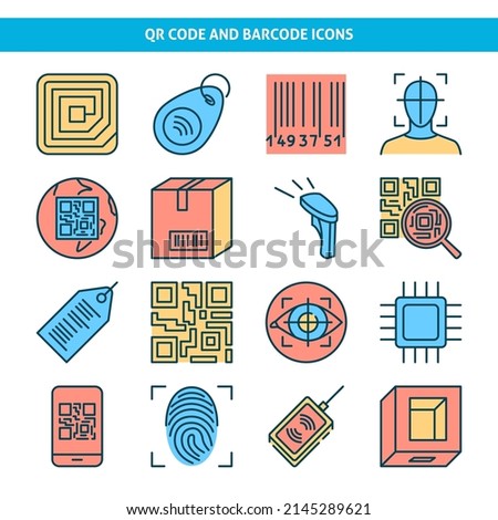 Identification codes icon set in colored line style. Qr code and barcode symbols. Vector illustration.