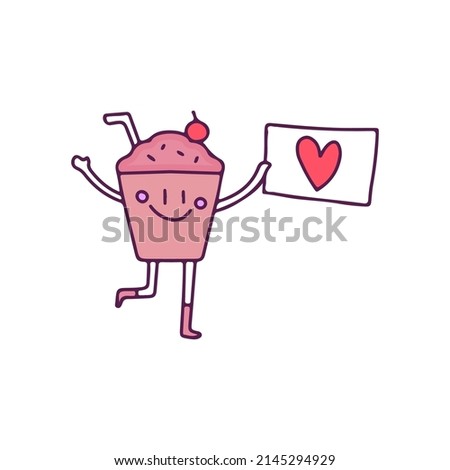 Cute ice chocolate drink mascot holding love sign, illustration for t-shirt, sticker, or apparel merchandise. With doodle, retro, and cartoon style.