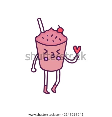 Cute ice chocolate drink mascot with kiss face, illustration for t-shirt, sticker, or apparel merchandise. With doodle, retro, and cartoon style.