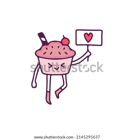 Cute chocolate cake mascot holding love sign, illustration for t-shirt, sticker, or apparel merchandise. With doodle, retro, and cartoon style.