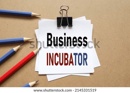 BUSINESS INCUBATOR text on white sticky note near colorful pencils