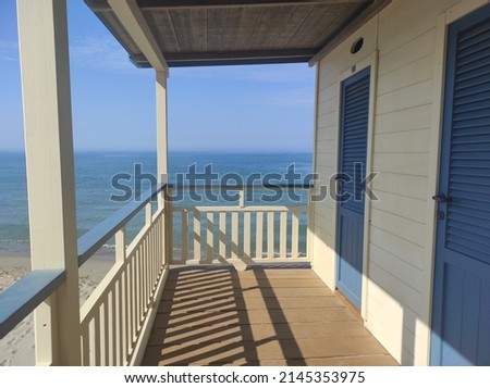 Blue beach cabin in Italy. Beach cabana. 