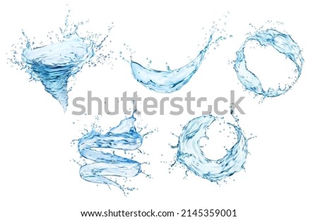 Transparent water tornado, whirlwind and swirl splashes with drops, realistic vector. Blue water wave in twister or twirl with splashing drops and bubbles in whirl, clear aqua with pouring flow Royalty-Free Stock Photo #2145359001