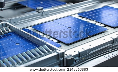 Solar Panel Cells are  Being Moved and Tested on Conveyor during Solar Panel Production Process on Advanced Factory Royalty-Free Stock Photo #2145363883