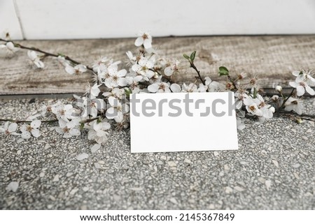 Wedding feminine spring styled stock photo. Business mockup card scene with white cherry tree blossoms. Textured terrazzo flooring. Selective focus, blurred door background. Front view.