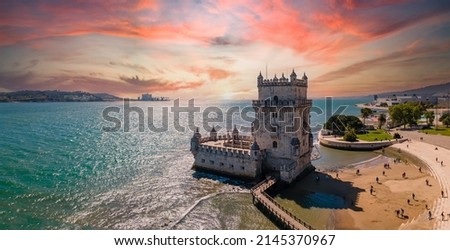 Aerial view of Tower of Belem at sunset, Lisbon, Portugal on the Tagus River. Royalty-Free Stock Photo #2145370967