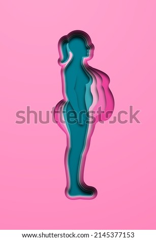 Paper cut woman in full body profile view with layered overweight and athletic body image. Thin female getting obese or weight loss illustration concept. Obesity disease risk, eating disorder design. Royalty-Free Stock Photo #2145377153