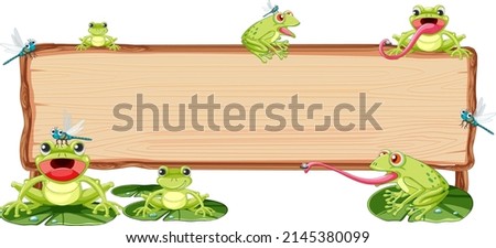 Blank wooden signboard with frogs illustration