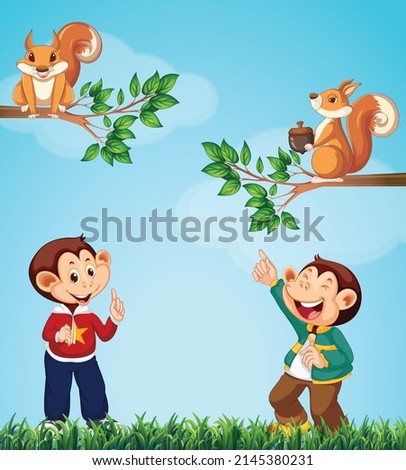Two monkeys looking at squirrels in garden illustration