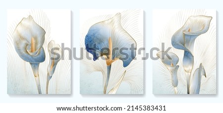 Abstract art background with golden and blue calla flowers in line art style.. Botanical poster with watercolor leaves in art line style for decor, design, wallpaper, packaging
