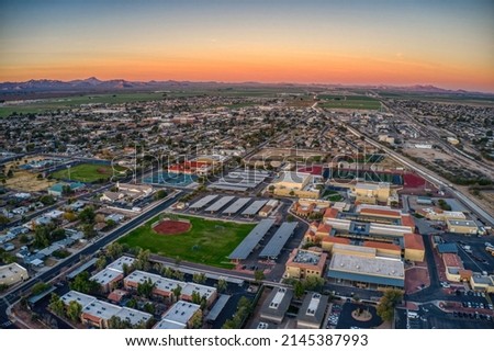 Aerial View of Sunrise over the Phoenix Suburb of Buckeye, Arizona Royalty-Free Stock Photo #2145387993