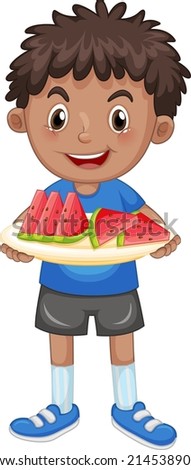Boy with tray of watermelon illustration