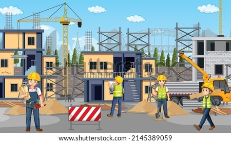 Building construction site with workers illustration