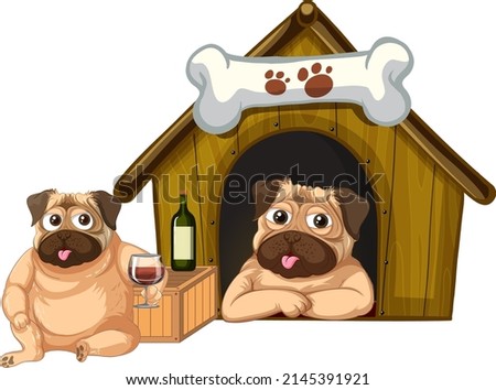 Cartoon pug dogs and doghouse illustration