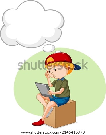 A kid playing iPad with speech bubble  illustration