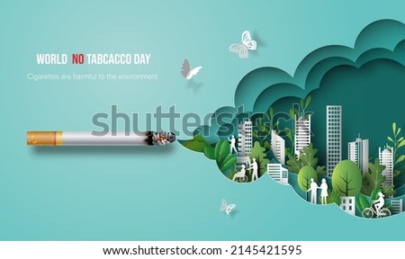 World No Tobacco day, a cigarette with a smoke design showing city dwellers.