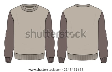 Two tone Khaki Color Long sleeve  Sweatshirt technical fashion flat sketch vector illustration template front and back views. Fleece jersey sweatshirt sweater jumper for men's and boys. Royalty-Free Stock Photo #2145439635