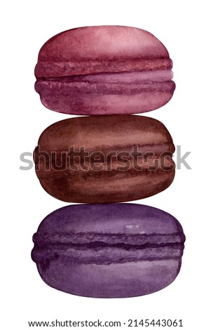 Watercolor drawing of colorful macaroons cakes. For decoration of wallpapers, menus, cafes, flyers, postcards