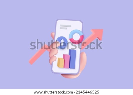 3D vector hand holding mobile isolated on pastel purple background. Hand using funding business graph on application under creative solution concept in 3D vector. 3d trading for business investment Royalty-Free Stock Photo #2145446525