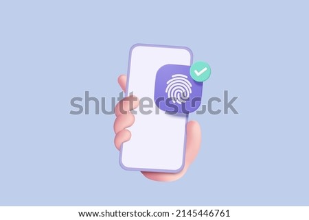 3d fingerprint cyber secure in hand holding mobile phone icon. finger digital security concept. 3d icon finger scan for authorization, identity. 3d fingerprint scan sign vector render illustration Royalty-Free Stock Photo #2145446761