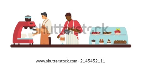 Coffeehouse employees making coffee and latte, flat vector illustration isolated on white background. Baristas behind the counter preparing coffee and selling desserts.