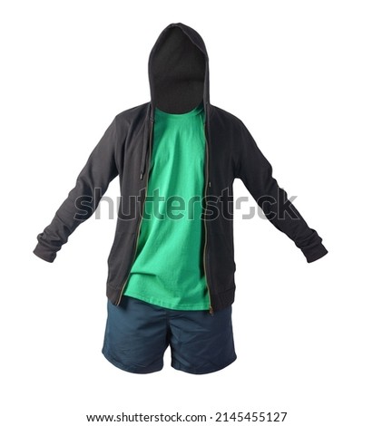 black sweatshirt with iron zipper hoodie,retro heather green t-shirt and dark blue sports shorts isolated on white background. casual sportswear