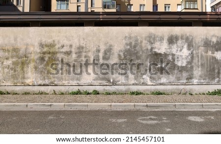 Grunge plaster wall  with moss and stains. Sidewalk and asphalt road in front. Background for copy space.