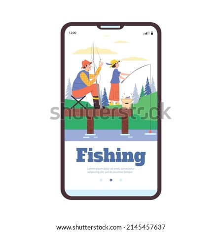 Fishing outdoor activity for family onboarding start phone app page mockup, flat vector illustration. Mobile screen interface design with father and child fishing.