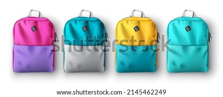 Backpack vector set design. 3d realistic educational bag pack collection isolated in white background with colorful decoration for back to school bags. Vector illustration. Royalty-Free Stock Photo #2145462249