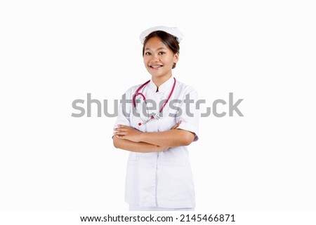 Portrait of an Asian nurse and stethoscope in her neck. Isolated on white background.