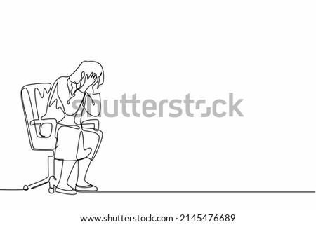 Single continuous line drawing frustrated businesswoman holding her head sitting alone on the chair. Regret on business mistake, frustration, depressed, stupidity, foolish. One line draw design vector