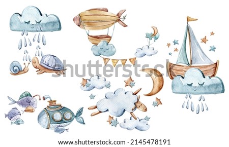 Watercolor cute kids ocean animal illustration on white background. Whale art. Hand painted clipart set, graphics for sublimation, print, pattern, sticker, wallpaper art. 
