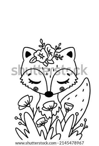 Cute cartoon fox character outline. Simply easy coloring page for kids. Contour drawing characters nursery design elements for poster, cards, coloring book