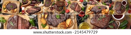 Photo collage of tasty food compositions with beef steak