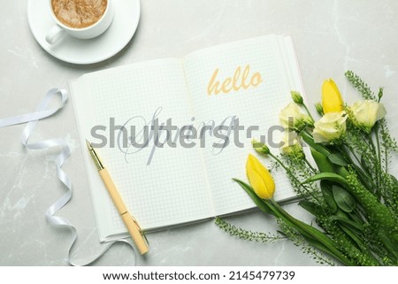 Concept of "Hello Spring" on light textured background