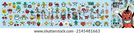 Mega set retro cartoon stickers with funny comic characters, gloved hands. Contemporary illustration with cute comic book characters. Hand drawn doodle comic characters. Contemporary cartoon style set Royalty-Free Stock Photo #2145481663