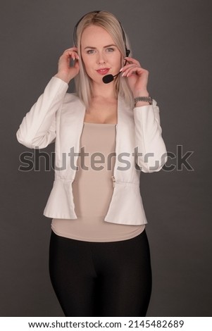 Call customer center operator woman. isolated over black background