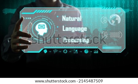 hand activates the virtual screen containing information of natural language processing or NLP world map and binary background in a green tone of technology. Commanding from the brain to AI.