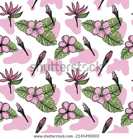 A seamless pattern of a tropical hibiscus flower. Hand-drawn sketch of a bright flower in doodle style. Tropics. Pink hibiscus. Isolated vector illustration.