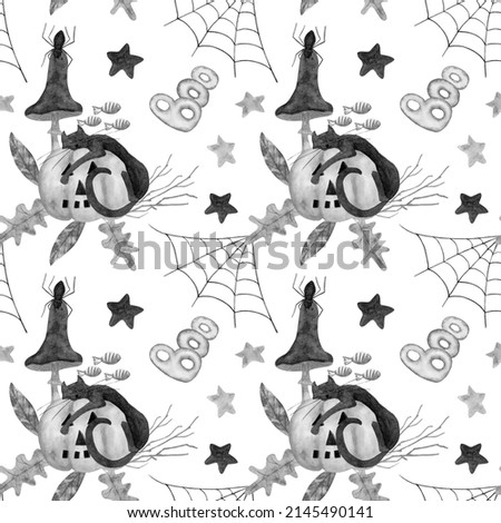Halloween watercolor pattern with a sleeping cat on a pumpkin in the leaves and branches of trees, toadstool mushrooms and stars. Children's pattern for stationery, textiles, packaging paper.