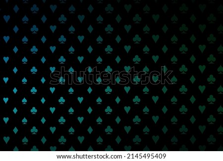 Dark blue, green vector pattern with symbol of cards. Colorful gradient with signs of hearts, spades, clubs, diamonds. Pattern for leaflets of poker games, events.