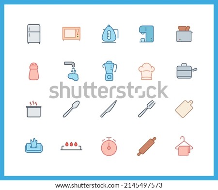 Collection of Kitchen color icons. Set of Spoon, Knife symbols drawn with thin contour lines. Vector illustration.