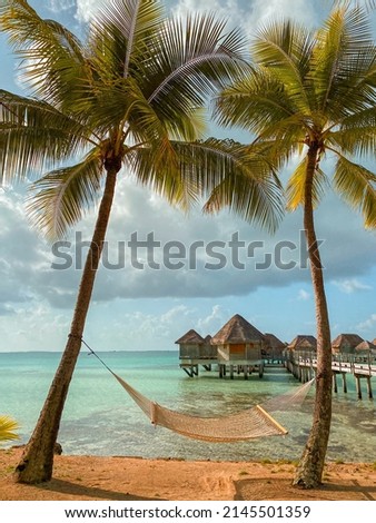 Tropical landscape with the palm trees, hammock, beach, overwater bungalow and turquoise water of the atoll of Tikehau, Tuamotu, French Polynesia, South Pacific Royalty-Free Stock Photo #2145501359