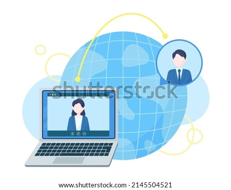 Hold a meeting from a distance via video call. Vector illustration of an online meeting. Business scene.