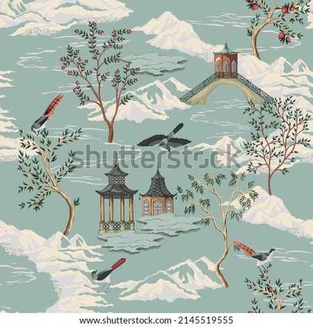 Vintage Chinese pagoda, landscape, tree, birds, mountain seamless pattern. Chinoiserie exotic wallpaper.